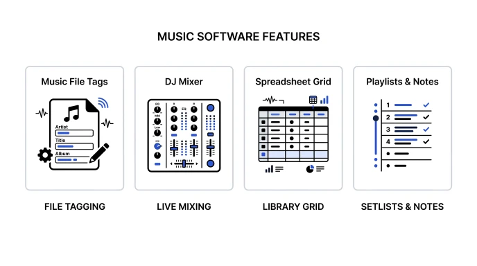Comparison graphic of ways to store BPM data: file tags, DJ software, spreadsheet, and playlist notes
